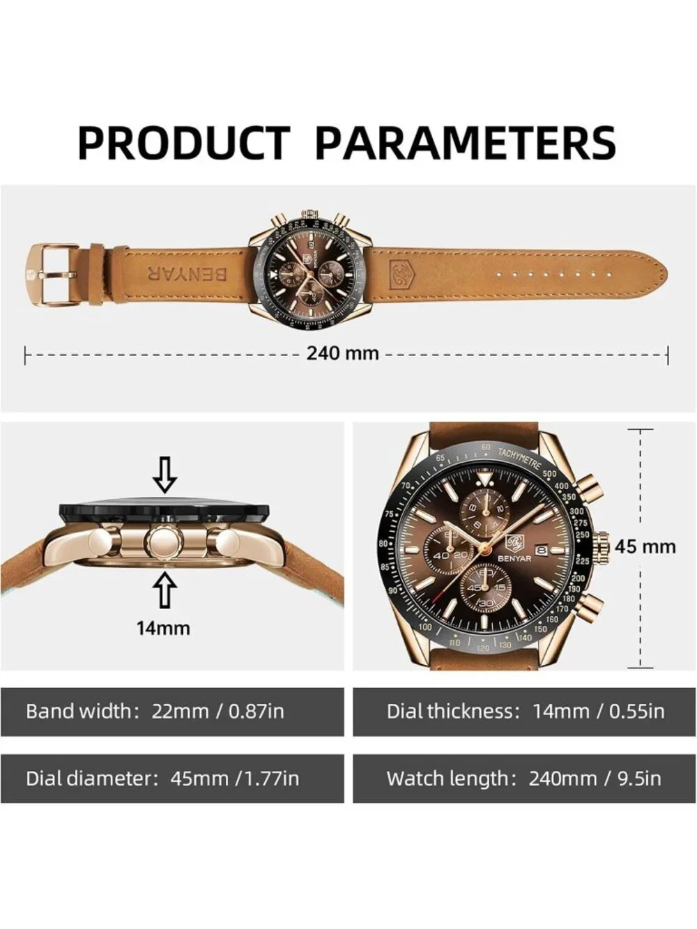 Mens Brown Gold Analog Silicone Strap Chronograph Luminous Designer Casual Watch